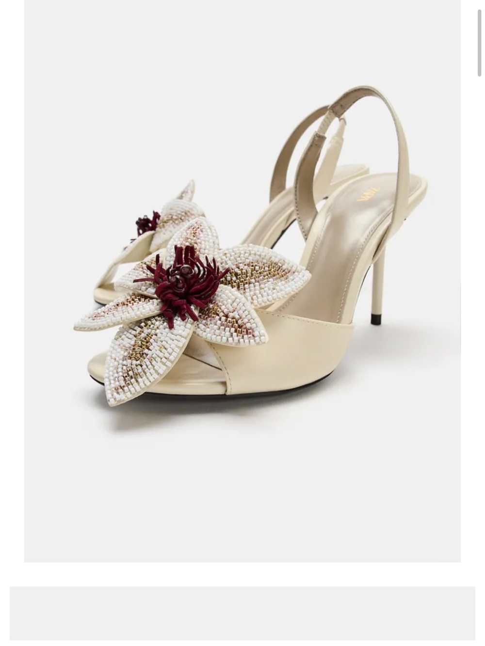 ISO !!! DO Not buy! 
Zara Cream Slingback Heels with Burgundy Beaded Flower